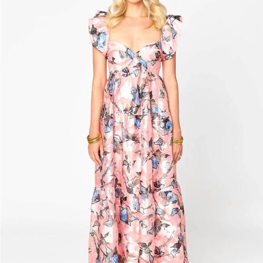 Buddy Love Pink Floral Puff-Sleeve Maxi Dress